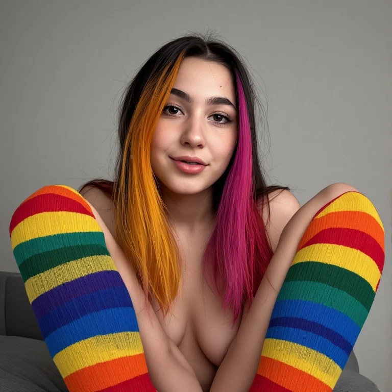 teen, female, 18 years old, colorful hair, colorful long socks, pretty face, candid casual photo, natural available light, realistic skin and textures, spontaneous composition, sexy, erotic, nsfw