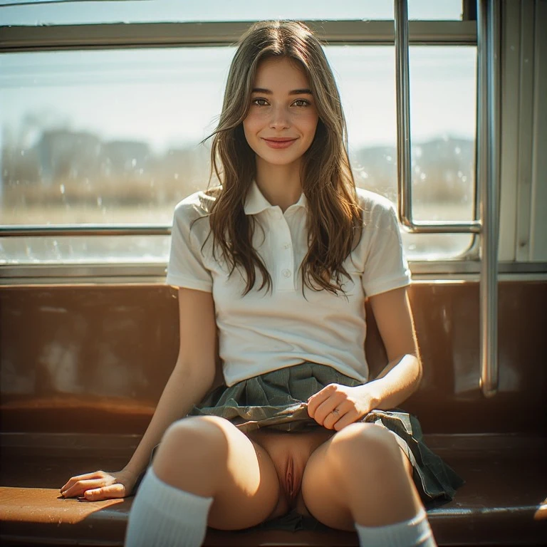 is a real, professional photography, editorial photography, with cinematic lighting, colored, high resolution, crisp details. The image is real, beautiful, stylish, appealing, modern and polished, 8K, DSLR photo, A casual photo. A casual photo of A stunningly beautiful 18 year old French girl sitting on a crowded subway train. She's wearing a traditional Catholic school uniform with pleated skirt a form-fitting white polo shirt, knee high socks. (she has a knowing smile on her face). She has lon