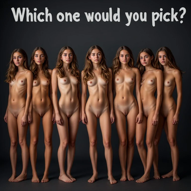 a high-end studio photography session featuring a row of five slim 20-year-old female teens, all completely naked and posing with shy expressions. They are arranged in a casual cluster, each showcasing a unique body type within a slim profile, with skin tones ranging from deep honey. The lighting is soft and cinematic, casting soft-focus shadows against a deep charcoal backdrop. Centered across the composition is a bold, crisp white text overlay at the top that reads "Which one would you pick?"