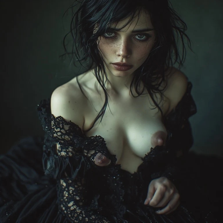 famous vintage 80s photo, a breathtaking, hyper-realistic cinematic film still captured with the clinical precision of a Hasselblad H6D-400c and a Leica Summicron lens, depicting an 18-year-old teen goth girl who possesses the ethereal, haunting quality of a young, sad goddess. Captured from an extreme, dramatic close-up angle that emphasizes her fragility, she features a cherubic, porcelain-pale face contrasted by deep, sorrowful dark eyes that seem to hold a universe of grief. Her petite, slen