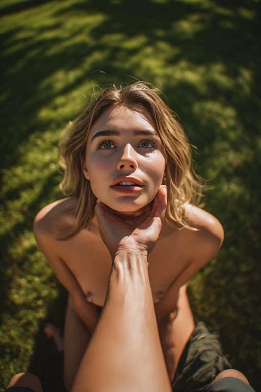 POV: Man's arm extended forward, hand palma hacia arriba supporting the chin of a young woman with shoulder-length blond hair, kneeling naked, pezones rosados larguísimos perforados aros argollas, looking straight up with an expression of devotion on her face. Background blurred: vibrant colors, green park grass, sunny midday summer lighting. High-angle shot , soft focus, depth of field, 8k photo, HDR, professional lighting, taken with Canon EOS R5, DSLR, 75mm lens (seed:::779640963)
