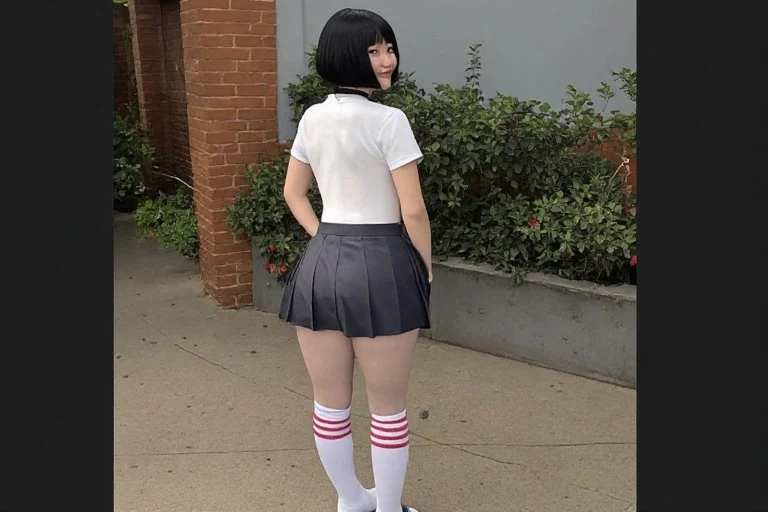 A casual real-life photograph. A casual photo of A 21 year old Asian girl, big ass, white skin, short black bob cut hair, slim body, standing, school uniform, tall socks, charming look, black neck band, shy smile, back view, backless. It's a casual photo. Overall it's a actual real-life photograph