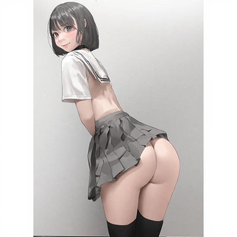 A casual real-life photograph. A casual photo of A 21 year old Asian girl, big ass, white skin, short black bob cut hair, slim body, standing, school uniform, tall socks, charming look, black neck band, shy smile, back view, backless. It's a casual photo. Overall it's a actual real-life photograph
