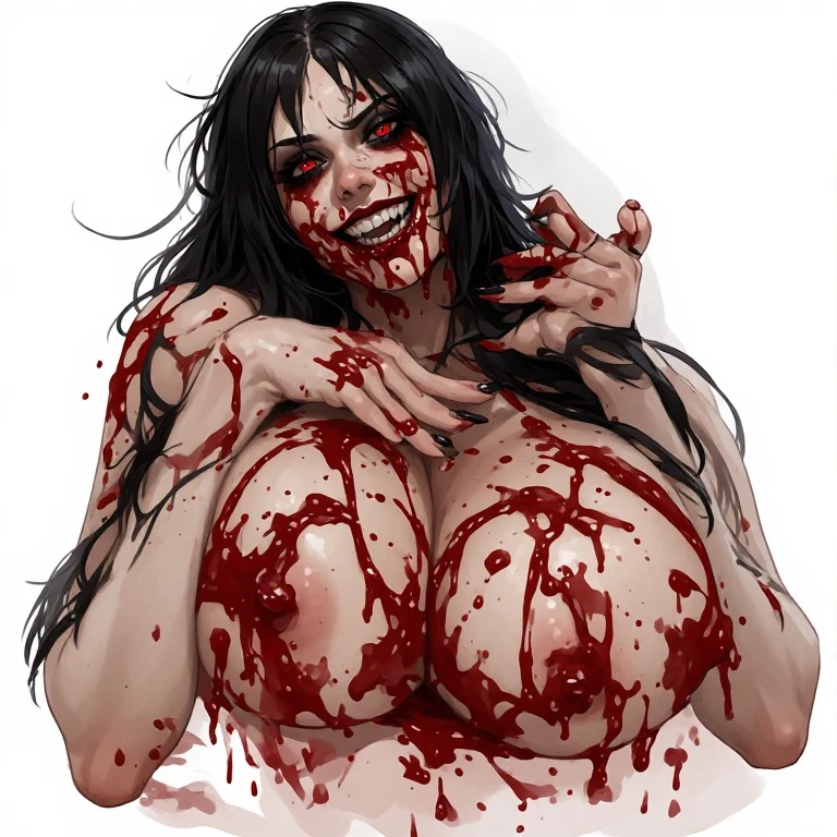 Realistic Massive boobs goth girl covered in blood insane look in her eyes devilish grin nude realistic photo