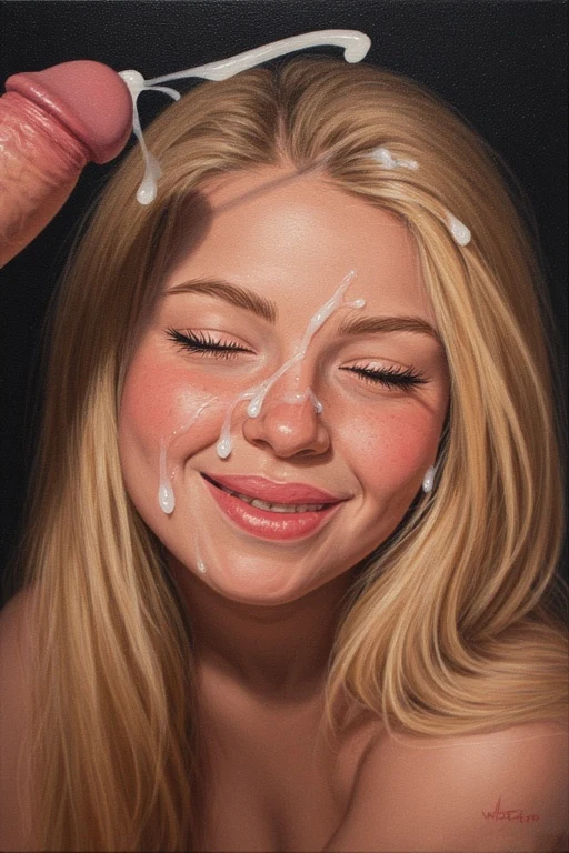 breathtaking oil painting, An 18-year-old Finnish beauty, her youthful innocence and allure undeniable as she playfully attempts to evade the sticky embrace of a man's cum on her face. Her eyes are squinted shut with a mischievous grin, displaying an infectious delight as a powerful stream of white, creamy cum jets out from a thick, veiny cock. Her cheeks are flushed with excitement, her long blonde hair cascading over her shoulders and onto the bed, creating a stark contrast with the dark backd