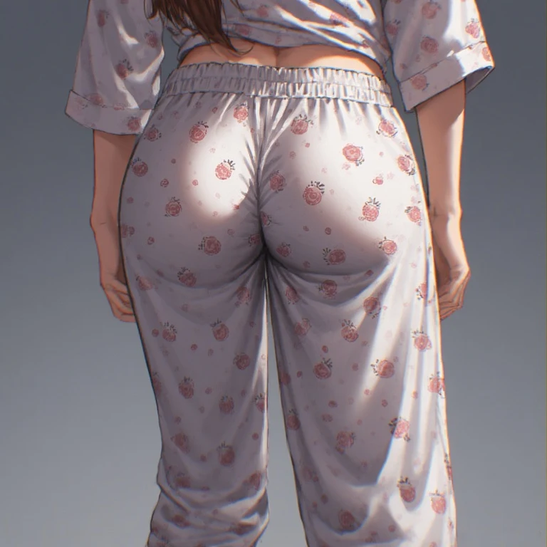 Behind view of a girl in loose cotton pj pants. The pants must be loose around her legs but tightly fitted around her buttocks, art by atey ghailan, painterly anime style at pixiv, art by kantoku, in art style of redjuice/necömi/rella/tiv pixiv collab, your name anime art style, masterpiece digital painting, exquisite lighting and composition, inspired by wlop art style, 8k, sharp, very detailed, high resolution, illustration.