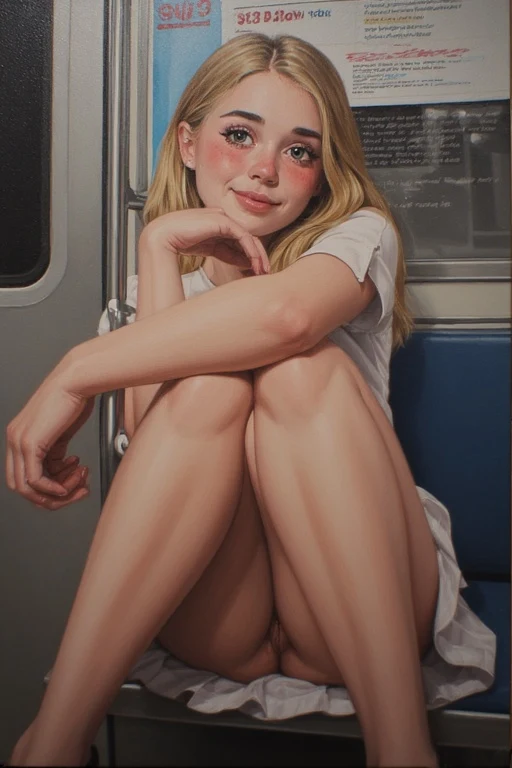 breathtaking oil painting, A first prespective view from the camera, of An 18-year-old woman, her petite frame barely taking up space on the cold, metal bench of a dimly lit subway car. She is dressed in a short, flirty skirt that rides up her smooth thighs as she sits with her legs up and spread in an unmistakably shy yet seductive pose. Her eyes are cast directly to the camera, a delicate blush painting her cheeks as she subtly exposes the soft, glistening folds of her pussy with some hair to
