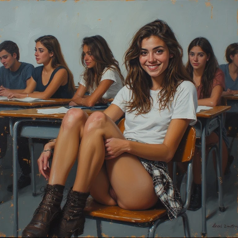 breathtaking alla prima oil painting, Cute 18-year old teen woman sitting at a desk in a classroom facing the viewer. Other adult students in the background. She is wearing a t-shirt and a plaid skirt. Below the table, she is discreetly spreading her legs for the viewer, revealing her naked pussy. Playful, mischievous smile. dynamic lighting, 75mm, Technicolor, Panavision, sharp focus, fine details, 8k, HDR, realism, realistic, under desk, close up, alla prima style, oil on linen, painterly oil