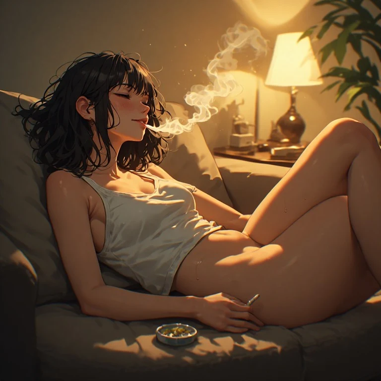 Photorealistic smartphone snapshot, three-quarter side view, young woman lying on her side on a couch, deeply high from smoking weed, eyes half-closed in pure relaxation, soft content expression, messy hair spread on the cushion, wearing only a short cropped white tank top that has ridden up under her breasts, completely nude from the waist down, one leg bent and the other stretched out showing natural body curves and soft skin folds, warm golden evening lamp light casting gentle highlights alon