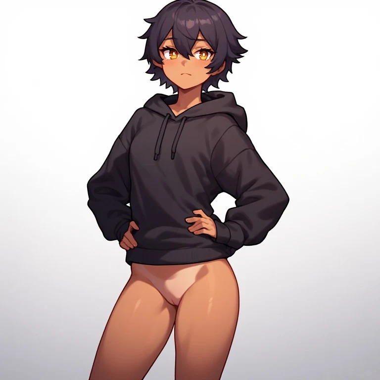 A short-haired tomboy with a flat chest and a slender, petite frame, she has smooth, tan skin. She wears an oversized black hoodie but no underwear, leaving her lower body bare. She stands confidently with her hands on her hips, her eyes sparkling., art in the style of atey ghailan, painterly anime style at pixiv, art in the style of kantoku, in art style of redjuice/necömi/rella/tiv pixiv collab, your name anime art style, masterpiece digital painting, exquisite lighting and composition, inspir