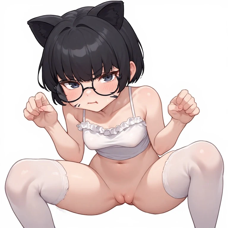 ultra detailed, soft diffused lighting, beautiful skin texture,  
cute tomboy girl with short neat black hair, round thin glasses, black cat ears,  
puffy cheeks, soft angry-pout expression, both hands raised in playful meow gesture,  
tiny white satin camisole barely covering small breasts, completely nude from waist down,  
white opaque thigh-high stockings, carefully drawn cat eyes and fine whiskers on her smooth pussy,  
slim delicate body, soft even lighting from above, slightly high a