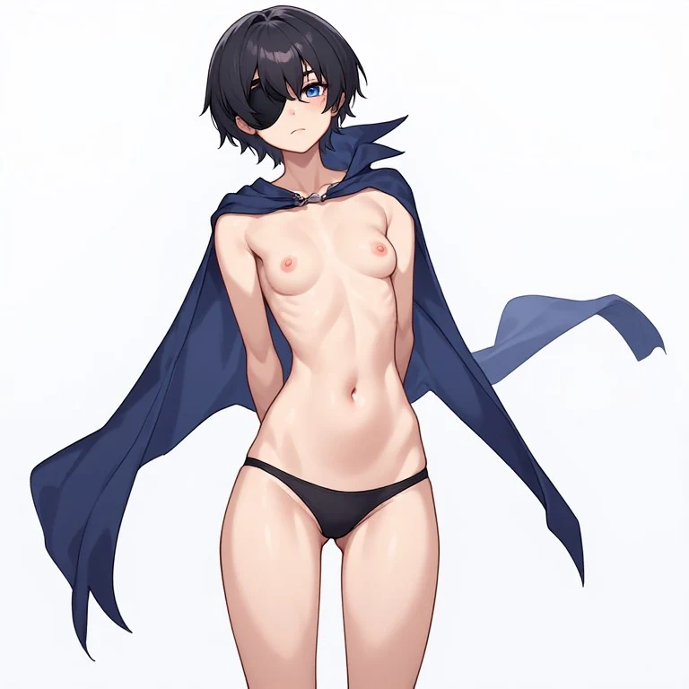masterpiece, best quality, detailed anime art, 1girl, pure tomboy, short layered black hair with side bangs, black eyepatch covering left eye, sharp confident eye looking straight ahead, cool expression, extremely slender body, small breasts, visible collarbones and ribs, narrow hips, long thin legs, smooth pale skin, wearing only thin black panties, dark blue cape attached at the shoulders flowing behind, no other clothing, standing tall in a proud confident pose, both hands behind her back, ch