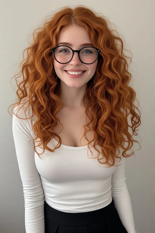 Casual photo, ((real photo:1.6)), slightly grainy, low quality, beautiful girl, 18 year old, redhead, curly long hair, twin,  above average breasts, no bra, cute smile, full cheeks,  round face, slight frackles, black round glasses, white tight shirt, short black skirt, close up,