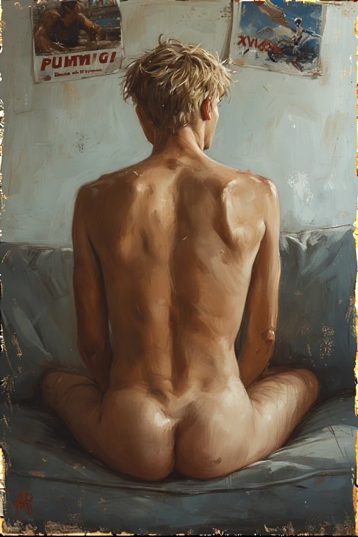 The sketch aims to mimic the appearance of a photograph, capturing every nuance. If it goes beyond that, it's hyperrealism, where details are even more pronounced than in reality. Teen naked Latvian male sitting on a couch short blonde hair with blue eyes. sitting, bubble butt, facing away from the camera. Posters on the wall