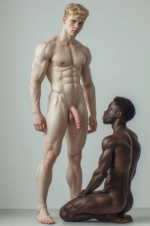 A casual photo of PURE WHITE DOMINANCE. A big, muscular, alpha white male, about 20 years old, youthfull and fit, blonde hair and blue eyes the perfect ideal. He is standing proud, fully nude with his big uncut cock hanging flaccid. Below the white male is a black skin male slave, he is fit but sad and made to serve the white race. The black male is also fully nude on his knees in front of the white male looking up to him. \n\nA towering 20 year old alpha Caucasian male with a muscular, athletic