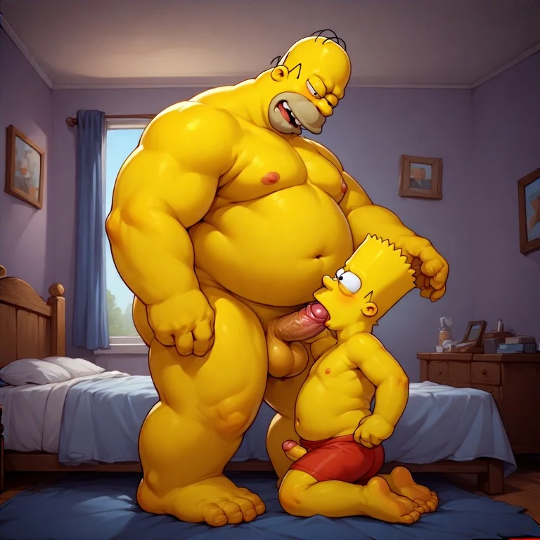 painterly anime artwork, anime art of Homer Simpson and Bart, the iconic cartoon characters from \"The Simpsons,\" are engaging in a passionate sex scene, Bart is sucking off Homers thick penis. Homer big, fat and muscular is standing in his bedroom looking down, enjoying, Bart (boyish, fit, small, young) is on his knees looking up sucking Homer dick, they both are fully nude, view is from side, side view. Detailed and very accurate image of The Simpsons, world-class masterpiece, fine details, b