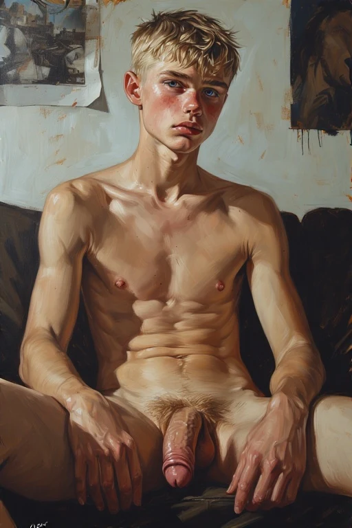 The sketch aims to mimic the appearance of a photograph, capturing every nuance. If it goes beyond that, it's hyperrealism, where details are even more pronounced than in reality. Teen naked Latvian male sitting on a couch. Flaccid uncut penis. Short blonde hair with blue eyes. Posters on the wall