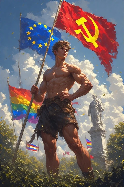 "prompt": "Appearance of a photograph, capturing every nuance. If it goes beyond that, it's hyperrealism, where details are even more pronounced than in reality. Communist male, young, very big, very tall, muscular, wearing only tight shorts revealing his greatness as a communist. He is standing strong and holding European Union flag (flag is red and the stars are yellow/gold), a symbol of communism greatness, he's look is in the future with pierced eyes. Background is with greenery and because