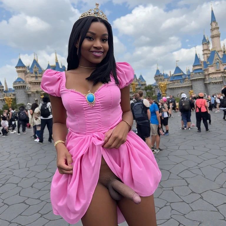 A casual real-life photograph. A casual photo of a trans 18yo girl,brown, small tits, big hips , sexy and gorgeous body, wearing a cute pink princess dress, she finds a clever way to discreetly expose me her shaved massive white dick and by pulling up her dress, her breasts in public without anyone but me suspecting what's going on, close-up, busy Disney park. It's a casual photo. Overall it's an actual real-life photograph.